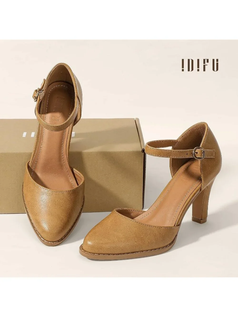 Women's Light Brown Pu Closed Toe Chunky High Heel Comfortable Dress Pumps Shoes